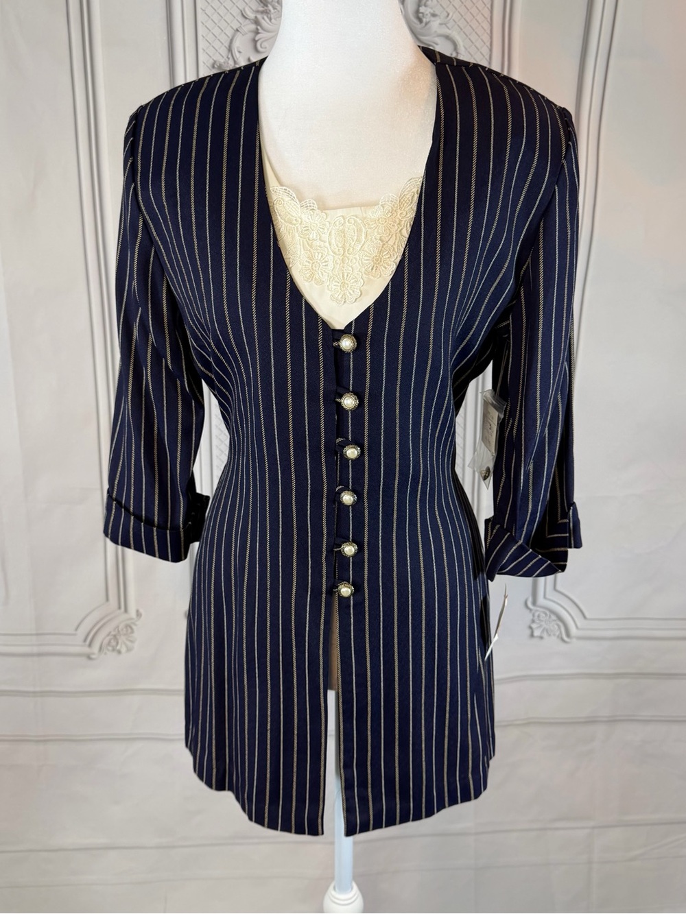 Vintage Pride & Joy Navy Pinstripe 2 Piece Blazer Cami Blazer 8 Pearl Button NWT